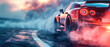 © Uwe - generic sports car performing burnout or drifting on racing track with smoke and heat as wide banner with copy space area