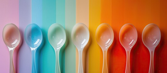 Sticker - Clear ceramic serving spoons arranged neatly on colorful background with ample blank area for text, captured in a top-down perspective view.