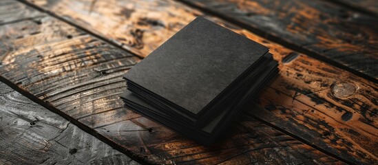 Aufkleber - A mockup showcasing black business cards on a wooden backdrop, serving as a branding identity template with copy space image.