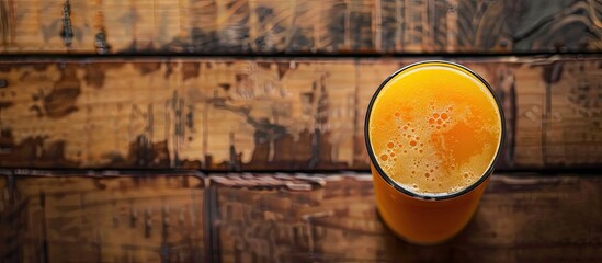 Poster - A cool glass of orange juice on a wooden background with copy space image. Fruit juices rich in vitamin C can be enjoyed all year round.