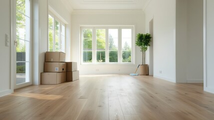 Wall Mural - A large empty room with a box in the corner. The room is very clean and has a lot of natural light coming in through the windows