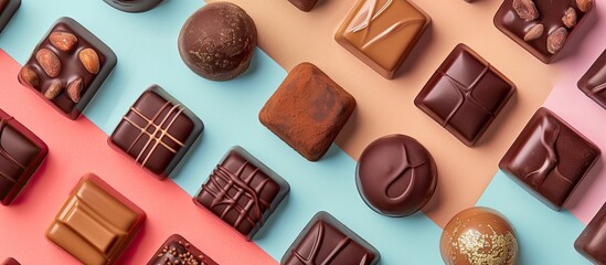 Sticker - Top view of a variety of premium chocolates on a colorful background, emphasizing health and obesity concerns, with room for text or graphics in the image. Copy space image