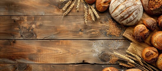Poster - A rustic wooden board covered with a variety of whole grain bread loaves, scattered wheat ears, and space for text or images, representing a bakery theme. Copy space image