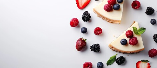 Poster - Cheesecake slices with berries on a white background, perfect for copy space image.