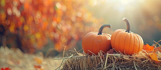 Poster - In Autumn, pumpkins showcased on a hay bale with copy space image.