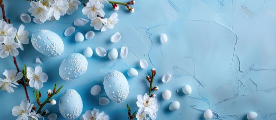 Leinwandbilder - Cherry blossoms and Easter eggs in blue colors against a blue backdrop, with copy space image available.