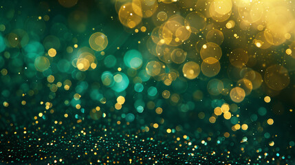 Abstract blur bokeh banner background. Golden bokeh on defocused emerald green background