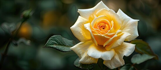 Poster - A lovely white and yellow rose flower set against blurry dark green garden leaves with room for text or images. Copy space image. Place for adding text and design
