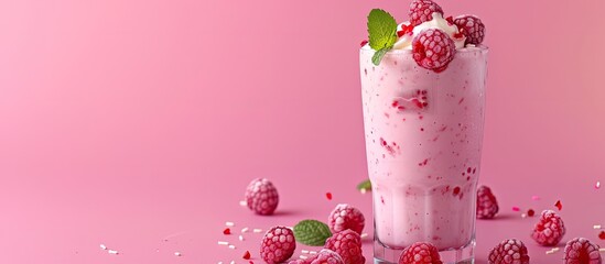 Poster - Pink background showcasing a raspberry smoothie with copy space image.