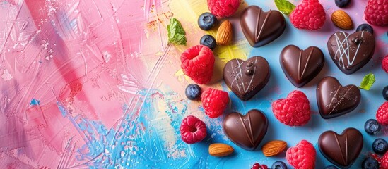Aufkleber - Heart-shaped chocolate sweets with fruits and nuts displayed on a colorful backdrop in a top-down view, presenting a holiday-themed copy space image.