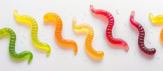 Aufkleber - Imitation of colorful worm-shaped jelly candies on a white paper background with copy space image.