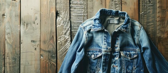 Aufkleber - Denim pants displayed against a bleached wood backdrop with copy space image.