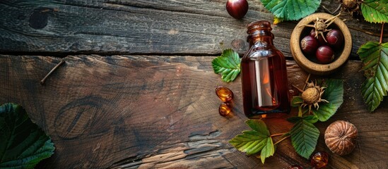 Wall Mural - Horse chestnut tincture showcased with a copy space image on a wooden table background.