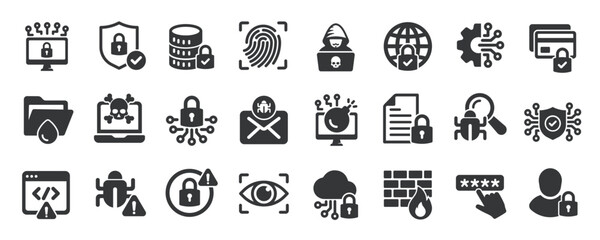 Cyber security glyph solid icons collection. Containing privacy, protection, access, encryption, network. For website marketing design, logo, app, template, ui, etc. Vector illustration.