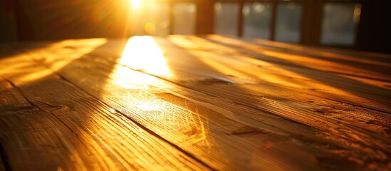 Leinwandbilder - Sunlight streaming onto a wooden table creates a warm and inviting ambiance, with a beautiful copy space image.