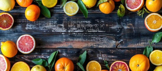 Canvas Print - Assorted citrus fruits displayed on a rustic wooden table with a blank copy space image nearby.