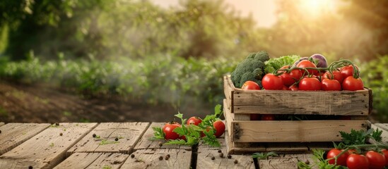Wall Mural - Rustic wooden crate filled with fresh organic vegetables on a farm, ideal for farming, gardening, or agricultural concept with a concept background of copy space image.