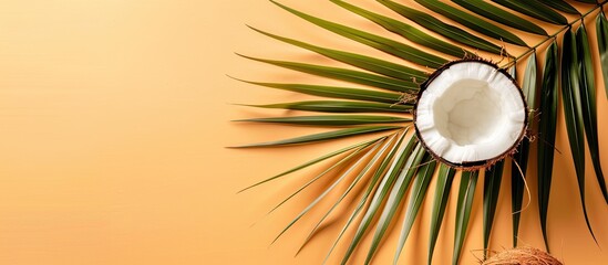 Fototapete - Top view of a palm leaf and coconut on a pastel orange background, ideal for a summer and tropical concept. Includes a flat lay image with ample copy space.