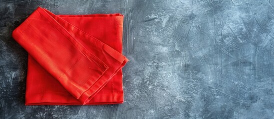 Poster - Flat lay of red folded kitchen napkin on table, isolated background with copy space image for mockup, featuring a minimalistic style.