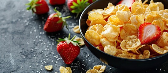 Aufkleber - Cornflakes with fresh strawberries are a nutritious and delicious option for a summer snack or dessert, ideal for fitness enthusiasts. Perfect for a copy space image.