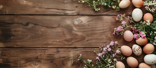 Sticker - Top-down view of a wooden surface adorned with a beautiful array of eggs and a bouquet of flowers, perfect for a copy space image.