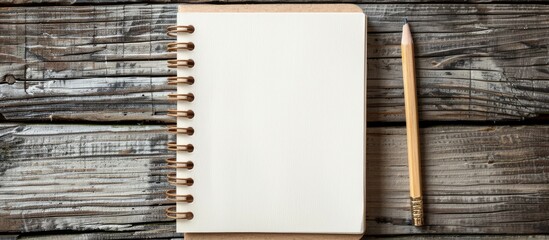 Fototapete - Wooden background with a blank notebook and a wooden pencil, providing a copy space image.