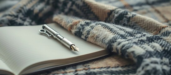 Fototapete - Silver key pen and opened notebook displayed on a wool plaid surface with copy space image.