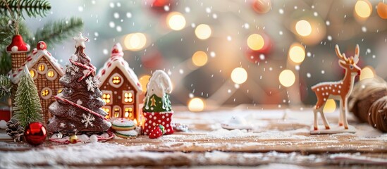 A festive Christmas setup on a wooden table includes Xmas tree, houses, deer, and sweets, creating a delightful scene with copy space image.