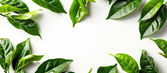Aufkleber - Freshly picked green tea leaves arranged in a nature-inspired frame on a white background, creating a copy space image with homegrown organic tea plantation aesthetics.