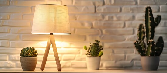 Aufkleber - Front view of a contemporary table lamp and cactus set on a table with a white brick wall in the background, ideal for a workplace with ample copy space image.