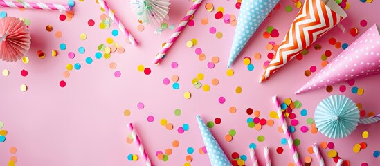 Aufkleber - Pink background with party hats, confetti, and straws creating a festive atmosphere, perfect for a celebration, with copy space image.