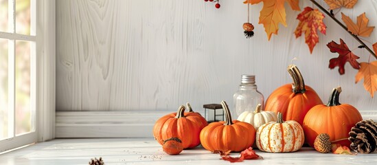 Fototapete - Fall-themed setup with pumpkins and decorations on a rustic white table. Ideal for autumn concepts or messages with available copy space image.