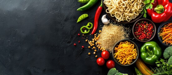 Aufkleber - A top-down image of noodles with assorted vegetables on a black background, displaying free copy space.