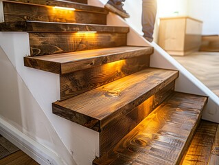  carpenter constructing a wooden staircase, installing steps and railing for safety and functionality. 