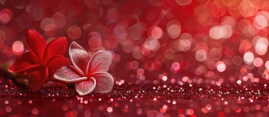 Leinwandbilder - A charming floral ornament on a blurry red glitter paper backdrop with space for your text or image. Copy space image. Place for adding text and design