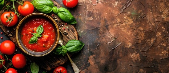Aufkleber - Top view of summer tomato soup with fresh vegetables and green basil, in a copy space image.