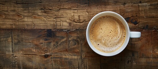 Aufkleber - Top-down view of a warm cappuccino in a cup on a wooden table with ample copy space image available.