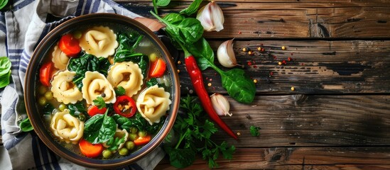 Wall Mural - In under 30 minutes, a tasty tortellini soup is ready by adding onions, celery, carrots, red pepper, and baby spinach, a versatile meal option with copy space image.