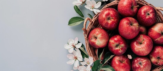 Poster - A flat lay view of a basket with ripe red apples, apple blossom flowers, and copy space image from above.