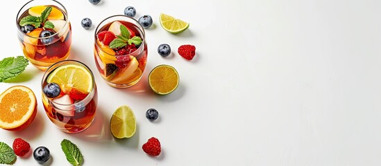 Wall Mural - Sangria with fresh fruit slices on a white backdrop, ideal for a copy space image.