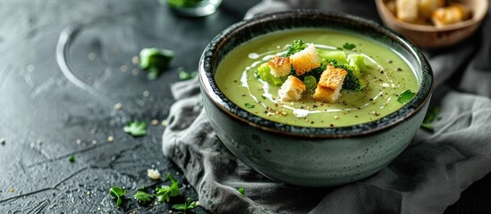 Poster - Copy space image of broccoli soup in a ceramic bowl with cream, bread croutons, on a dark backdrop.