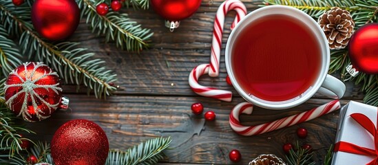 Poster - A festive scene featuring red and white baubles, with green branches, candy canes, a warm beverage, a computer keyboard for shopping, and a Merry Christmas and Happy New Year greeting card, all set