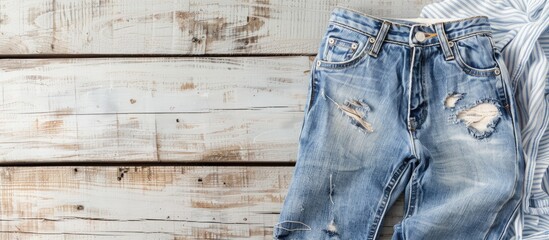 Aufkleber - Denim pants displayed against a bleached wood backdrop with copy space image.