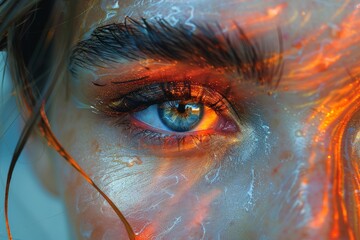 Detailed close-up of a blue eye surrounded by ethereal orange and red lights, highlighting human beauty and the blend of natural and artificial light elements.