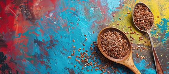 Wall Mural - Flax seeds on a tray beside a spoon on a colorful background with copy space image.