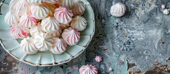 Copy space image featuring pastel meringues displayed on a vintage tiered plate captured from an overhead perspective.