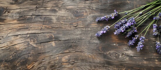 Poster - Lavender stems displayed on a rustic wooden surface with a blank space for additional imagery.
