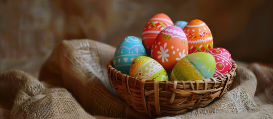 Fototapete - Colorful Easter eggs in a basket on fabric with room for text in the image. Copy space image. Place for adding text and design
