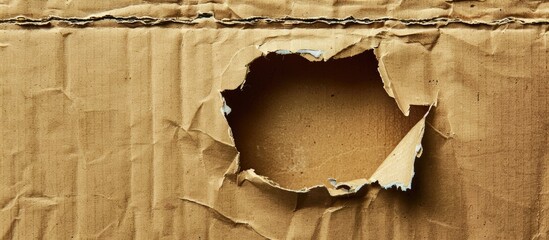 Aufkleber - Cardboard box showing damage with a hole on the surface for a copy space image.