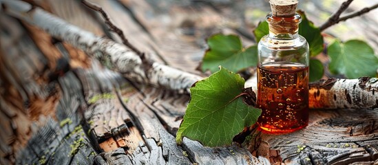 Sticker - Medicinal birch tincture in a small bottle, fresh leafy branches on rustic wood background, health and beauty herb, with soft focus, room for text or image, selective focus. Copy space image